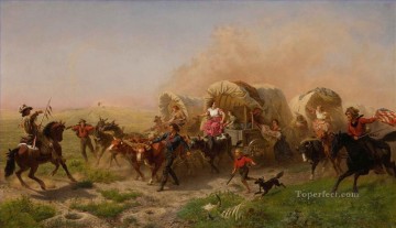 エマヌエル・ゴットリーブ・ロイツェ Painting - ワゴン列車を攻撃するインド人 エマヌエル・ロイツェ